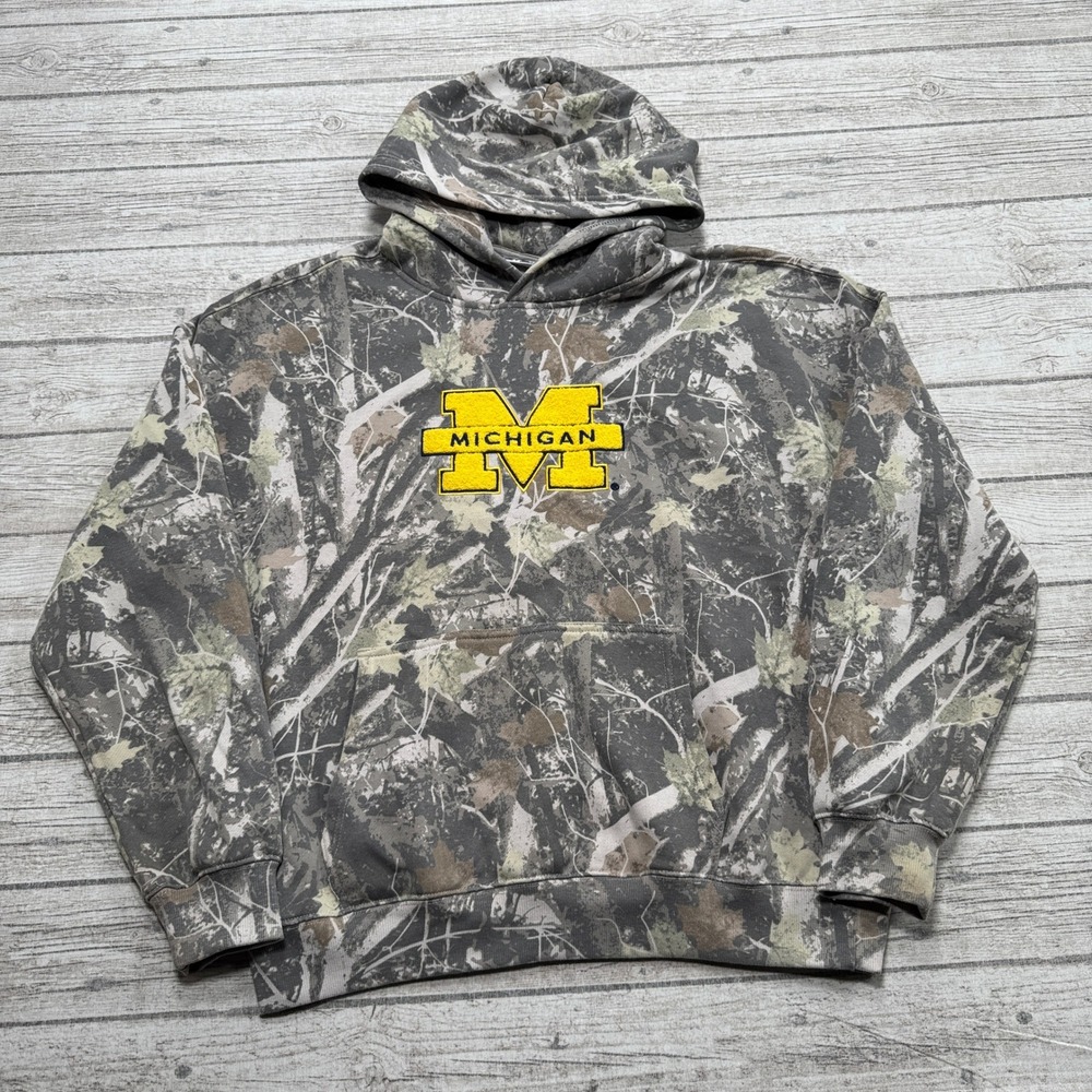 University Of Michigan Hoodie Men's Large Camo Fleece Lined Oversized Varsity